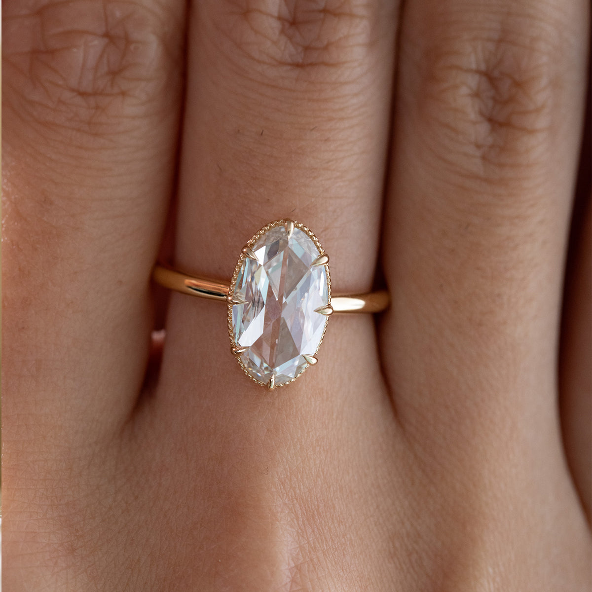 14K Yellow Gold Oval Rose Cut Lab Diamond Millegrain Solitaire Ring