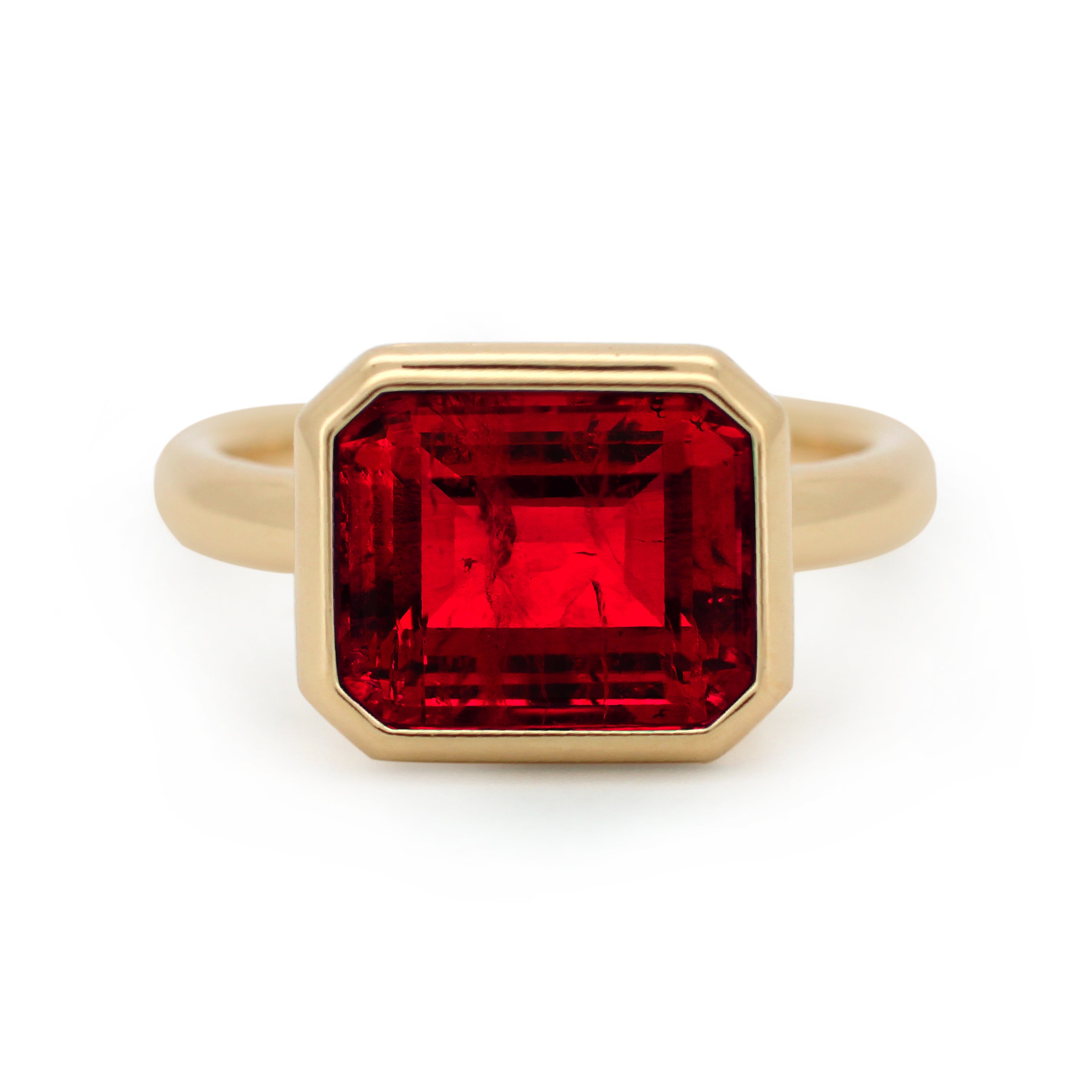 14K Yellow Gold 6 Carat Lab Ruby Solitaire Cocktail Ring with Bezel Setting