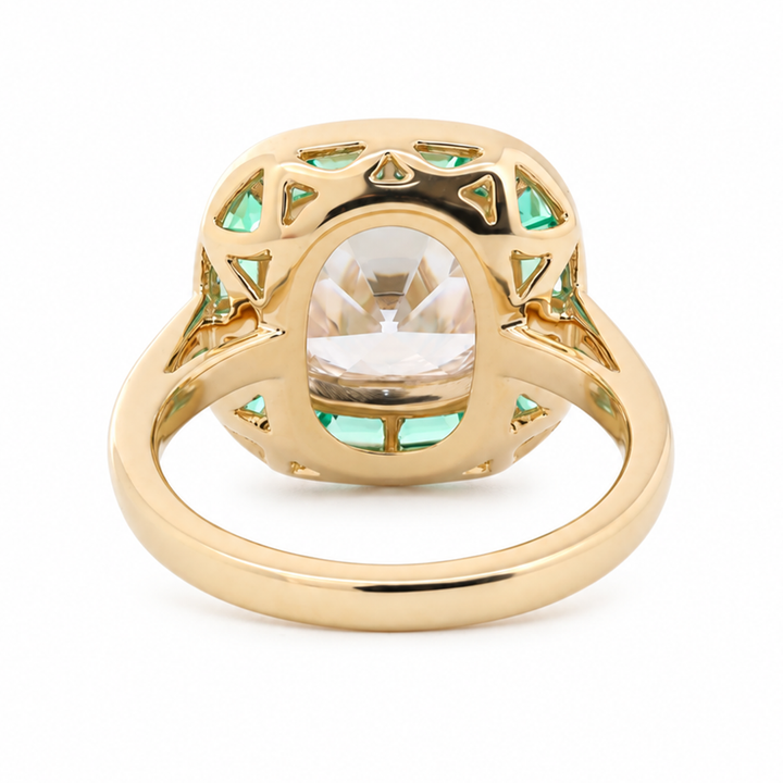 Old Mine-Cut Lab Diamond Bezel Ring with Tapered Baguette Emerald Halo