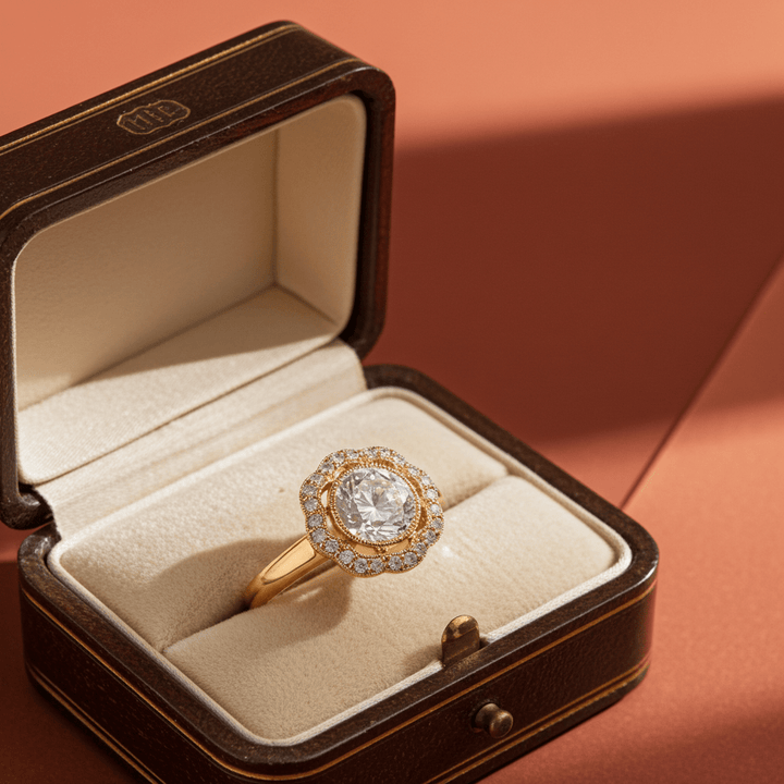 1.22CT Round Rose Cut Halo Design Bezel Set Ring - FIORESE JEWELRY