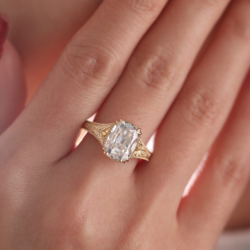 Elongated Old Mine-Cut Lab Diamond Antique-Inspired Ring