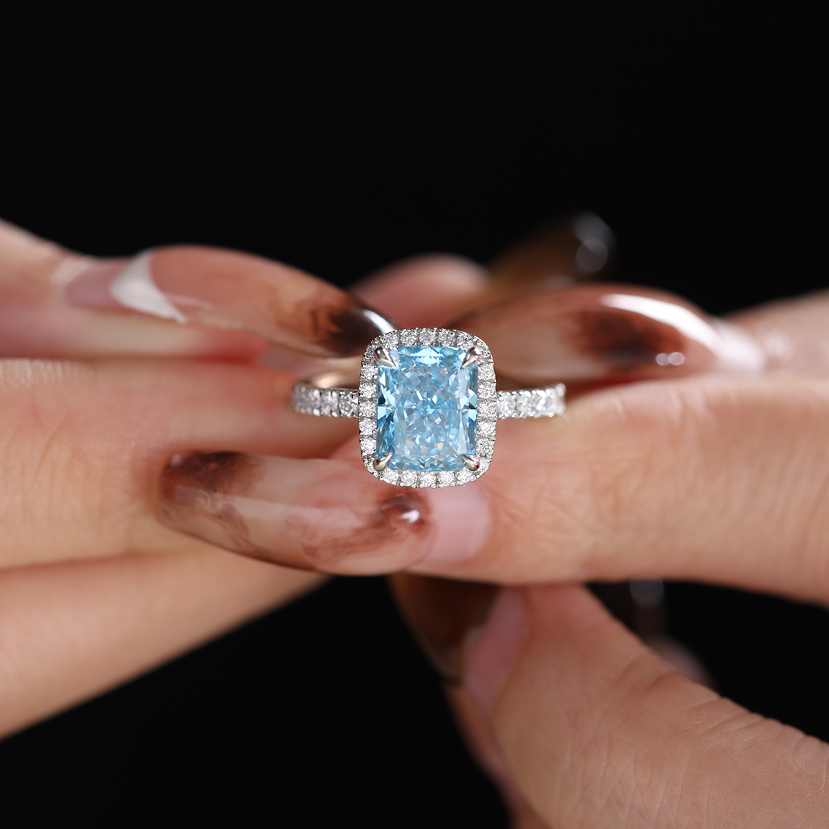 Platinum 2.5ct Radiant Cut Blue Lab Diamond Ring with Round Lab Diamond Halo and U-shape Pave