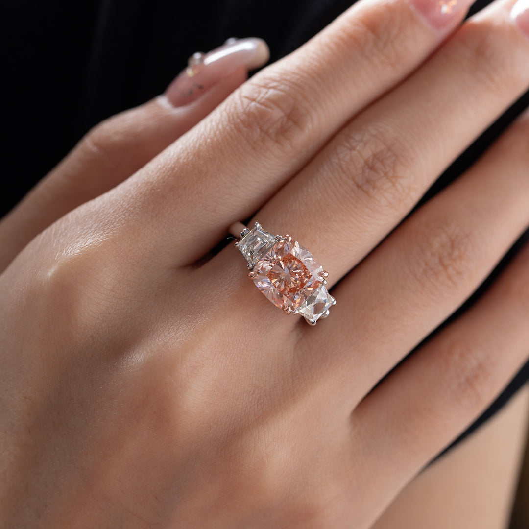 5.15CT Cushion Fancy Lab Diamond Diamond Three Stone Ring