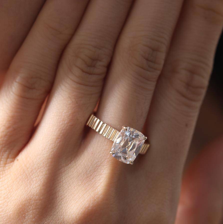 14K Yellow Gold 3.5ct Elongated Old Mine Cut Lab Diamond 4 Claw Basket Ring with Round Lab Diamond Hidden Halo