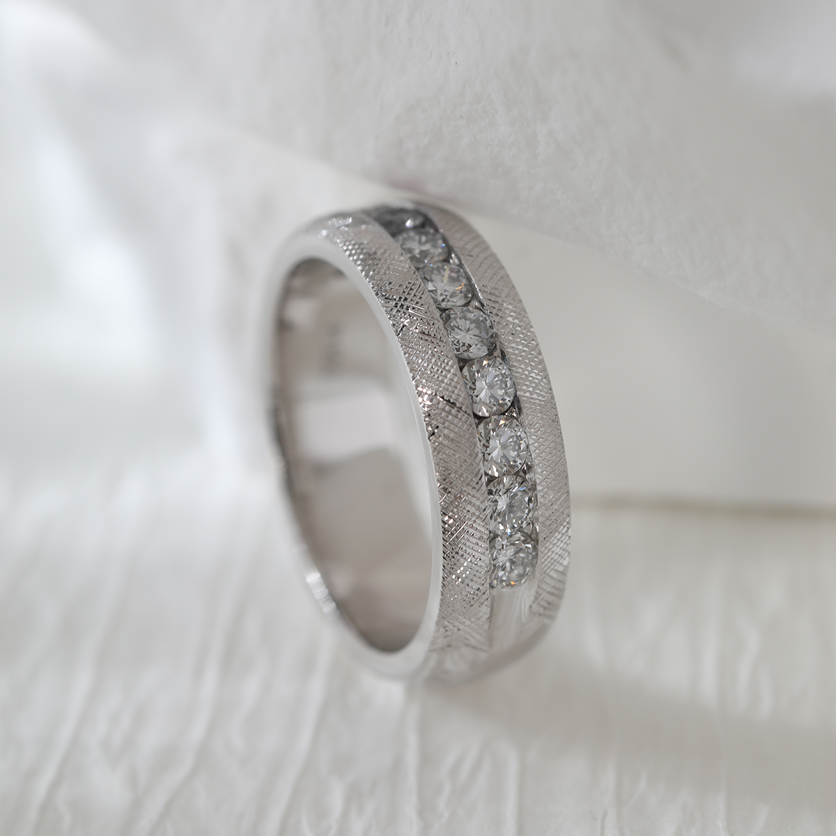 Platinum Round Lab Diamond Half Eternity Channel Setting Florentine Finish Wedding Men's Ring
