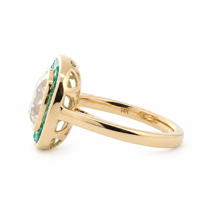 Old Mine-Cut Lab Diamond Bezel Ring with Tapered Baguette Emerald Halo