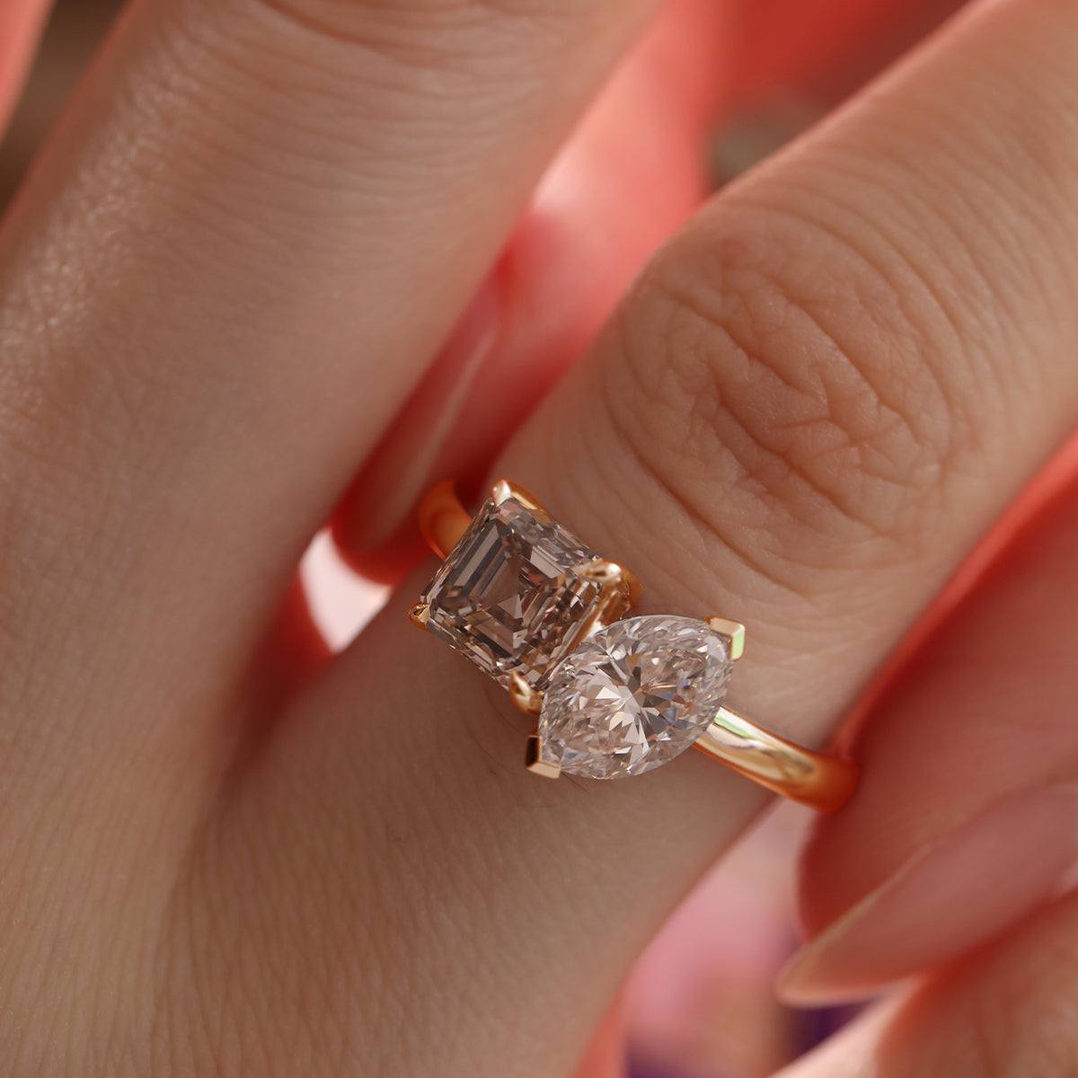 14K Yellow Gold Marquise Cut and Asscher Cut Lab Diamond Toi et Moi Ring