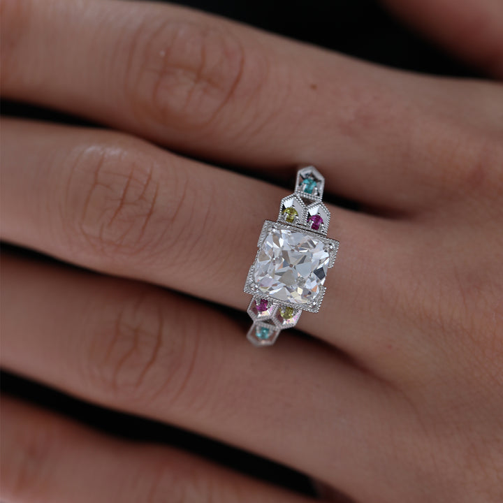 OMC Diamond Millegrain Ring with Fancy Color Gem Side Stones
