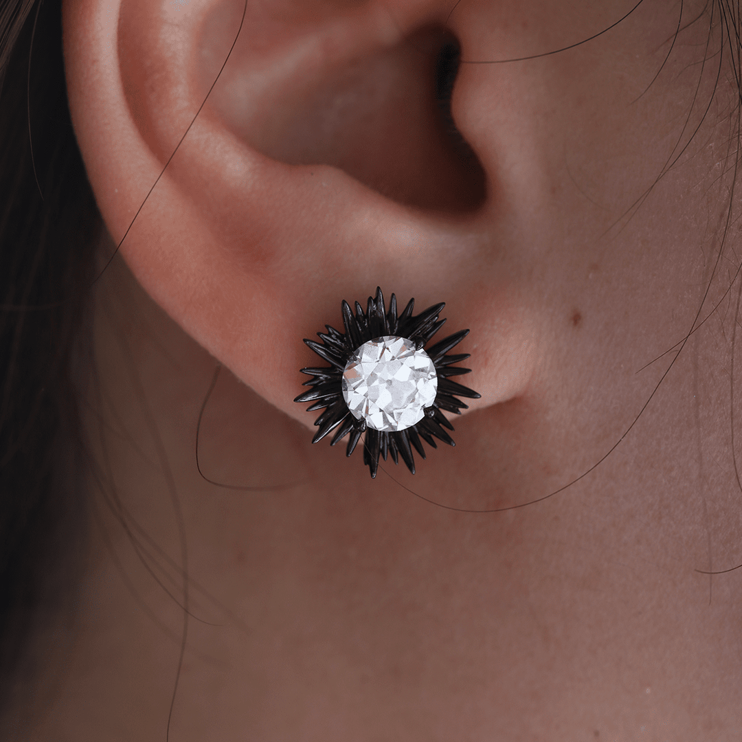 14K Gold with Black Rhodium Plated 2 ct tw Old European Cut Lab Dimaond Sea Urchin Nature - Inspired Stud Earrings - FIORESE JEWELRY