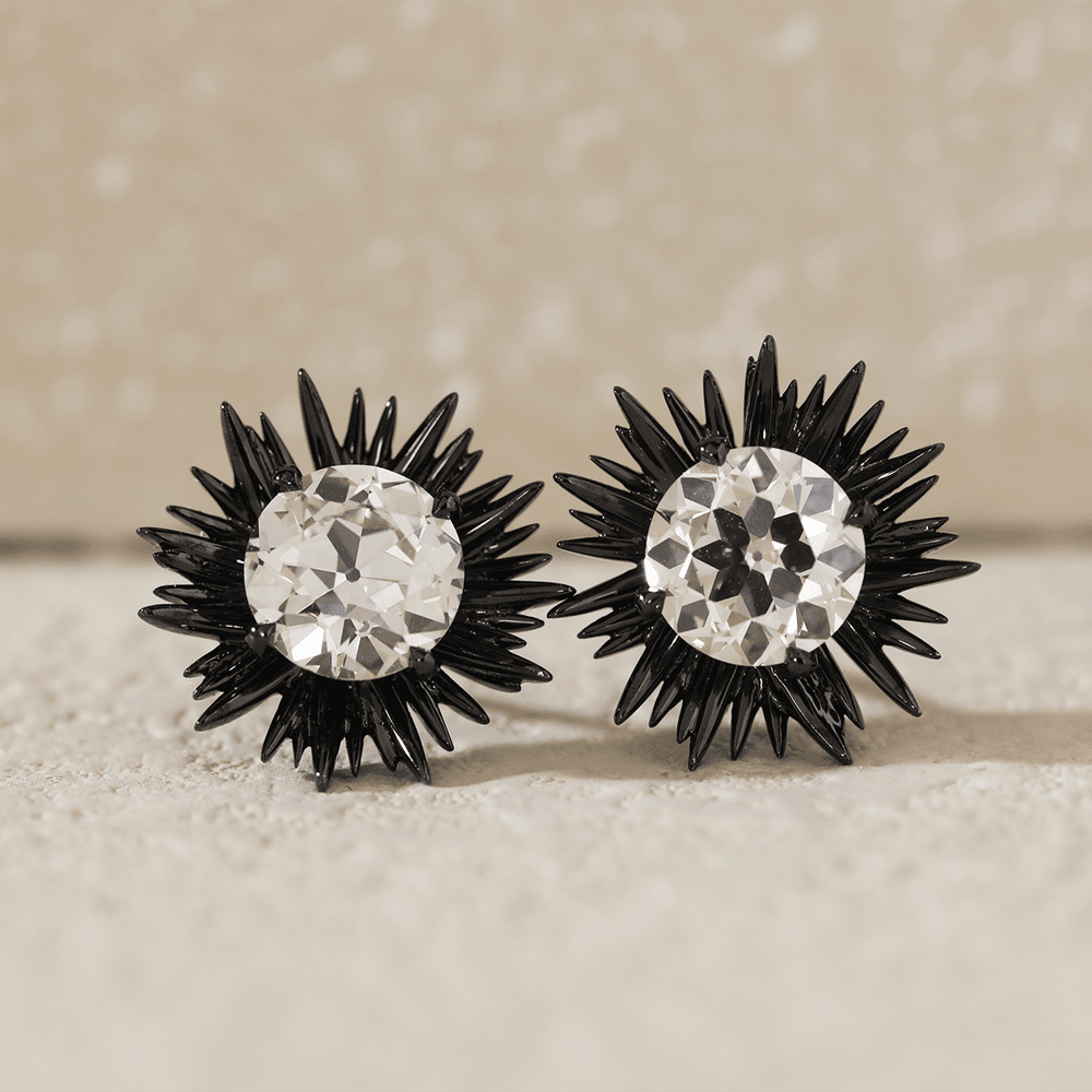 14K Gold with Black Rhodium Plated 2 ct tw Old European Cut Lab Dimaond Sea Urchin Nature - Inspired Stud Earrings - FIORESE JEWELRY