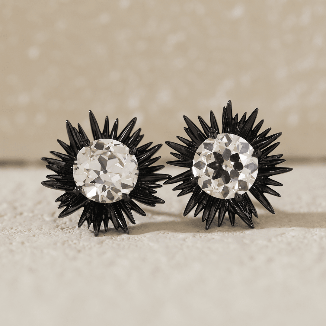 14K Gold with Black Rhodium Plated 2 ct tw Old European Cut Lab Dimaond Sea Urchin Nature - Inspired Stud Earrings - FIORESE JEWELRY