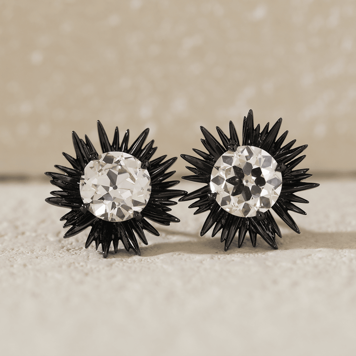14K Gold with Black Rhodium Plated 2 ct tw Old European Cut Lab Dimaond Sea Urchin Nature - Inspired Stud Earrings - FIORESE JEWELRY