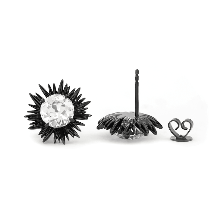 14K Gold with Black Rhodium Plated 2 ct tw Old European Cut Lab Dimaond Sea Urchin Nature - Inspired Stud Earrings - FIORESE JEWELRY
