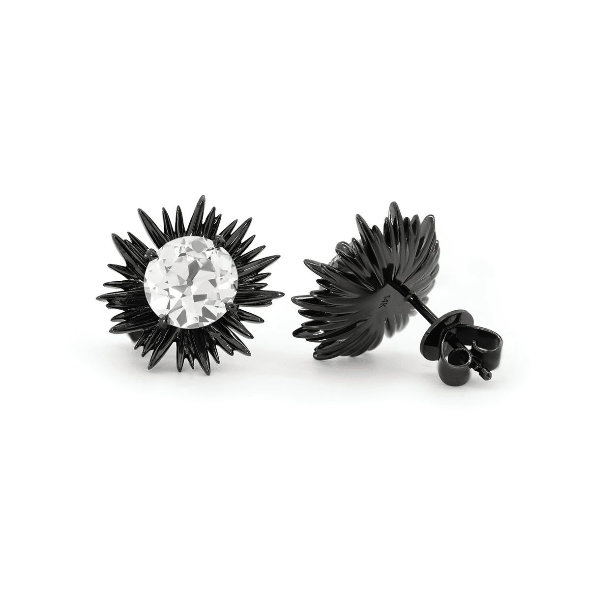 14K Gold with Black Rhodium Plated 2 ct tw Old European Cut Lab Dimaond Sea Urchin Nature-Inspired Stud Earrings