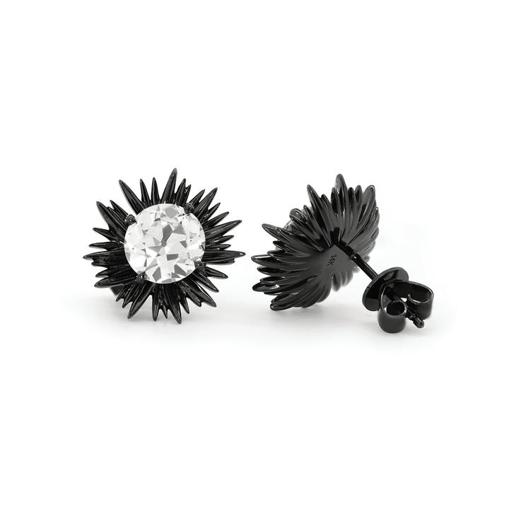 14K Gold with Black Rhodium Plated 2 ct tw Old European Cut Lab Dimaond Sea Urchin Nature - Inspired Stud Earrings - FIORESE JEWELRY
