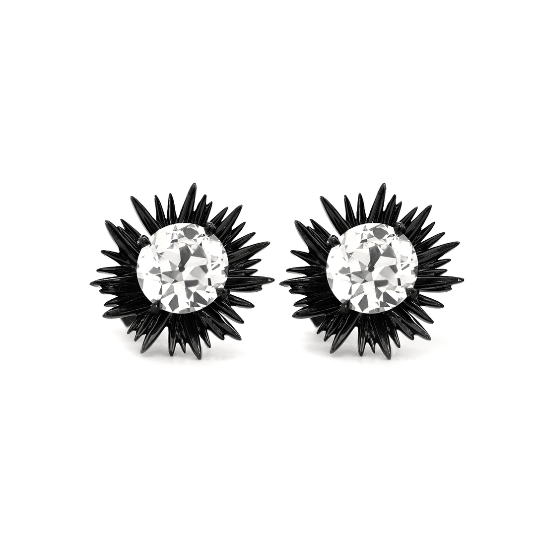 14K Gold with Black Rhodium Plated 2 ct tw Old European Cut Lab Dimaond Sea Urchin Nature - Inspired Stud Earrings - FIORESE JEWELRY