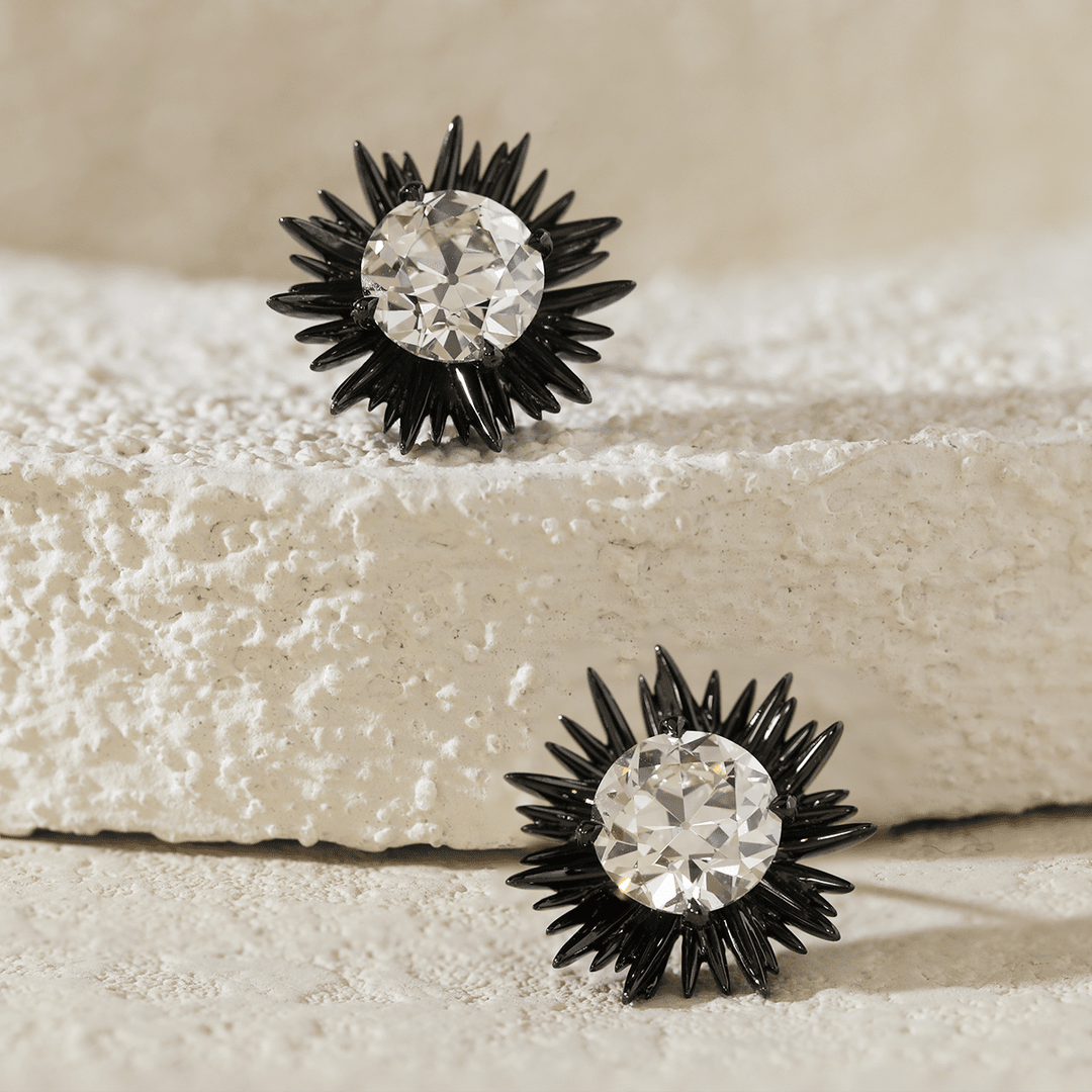 14K Gold with Black Rhodium Plated 2 ct tw Old European Cut Lab Dimaond Sea Urchin Nature - Inspired Stud Earrings - FIORESE JEWELRY
