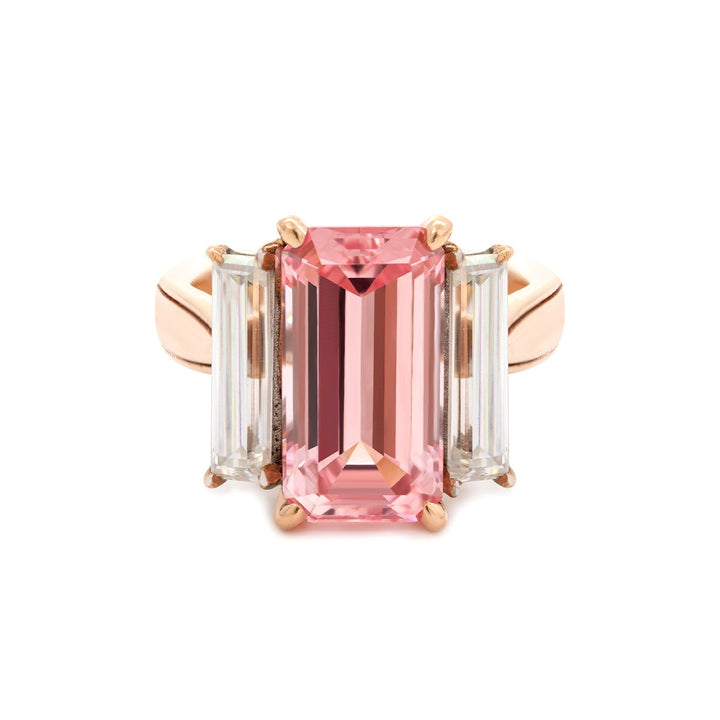 14K Rose and White Gold 13*6.5mm Emerald Cut Lab Pink Sapphire and Two Baguette Cut Lab Diamond Three Stone Cocktail Ring with Tapered Band - FIORESE JEWELRY