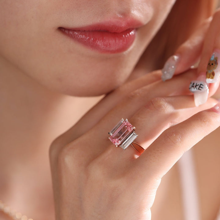 14K Rose and White Gold 13*6.5mm Emerald Cut Lab Pink Sapphire and Two Baguette Cut Lab Diamond Three Stone Cocktail Ring with Tapered Band - FIORESE JEWELRY