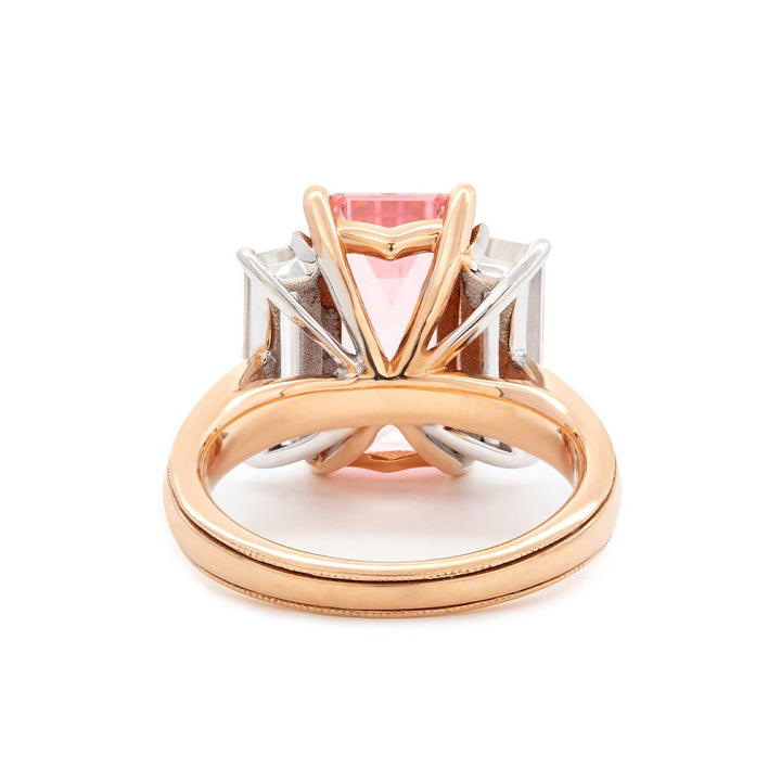 14K Rose and White Gold 13*6.5mm Emerald Cut Lab Pink Sapphire and Two Baguette Cut Lab Diamond Three Stone Cocktail Ring with Tapered Band - FIORESE JEWELRY