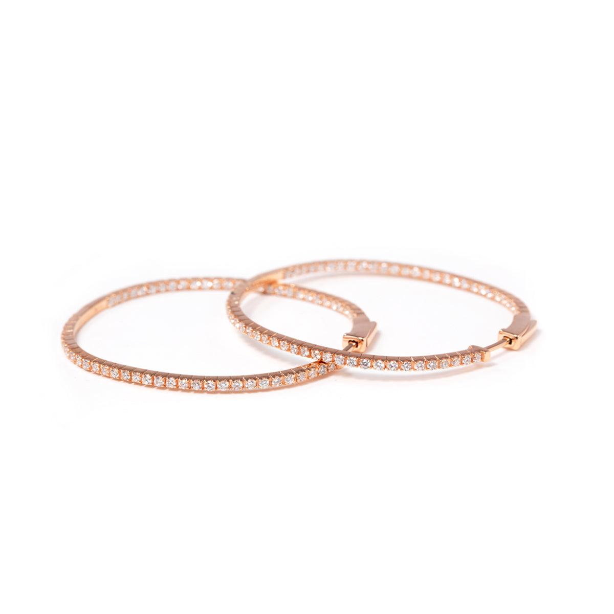 14K Rose Gold 1.3mm Round Cut Diamond Hoop Earrings