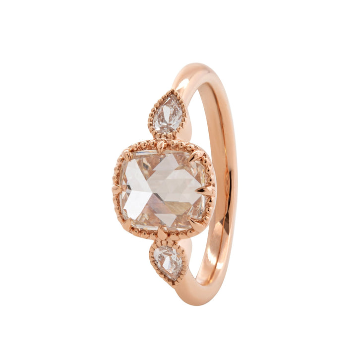 14K Rose Gold 1.5ct Cushion Rose Cut Lab Diamond Millegrain Bezel Three - stone Ring with Pear Shaped Side - stone Design - FIORESE JEWELRY