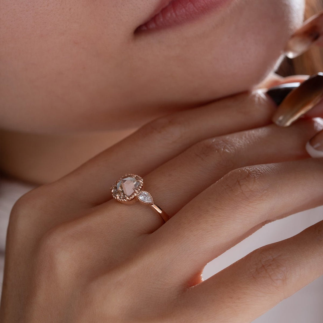 14K Rose Gold 1.5ct Cushion Rose Cut Lab Diamond Millegrain Bezel Three - stone Ring with Pear Shaped Side - stone Design - FIORESE JEWELRY