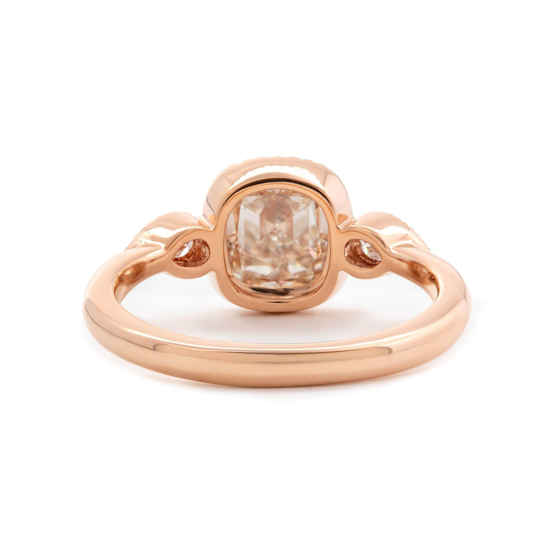 14K Rose Gold 1.5ct Cushion Rose Cut Lab Diamond Millegrain Bezel Three - stone Ring with Pear Shaped Side - stone Design - FIORESE JEWELRY