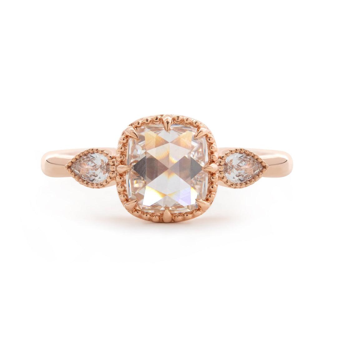14K Rose Gold 1.5ct Cushion Rose Cut Lab Diamond Millegrain Bezel Three - stone Ring with Pear Shaped Side - stone Design - FIORESE JEWELRY