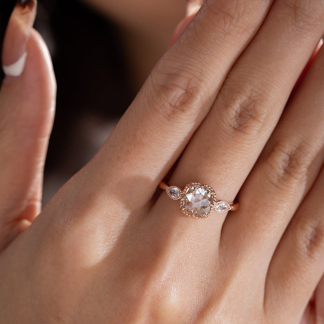 14K Rose Gold 1.5ct Cushion Rose Cut Lab Diamond Millegrain Bezel Three - stone Ring with Pear Shaped Side - stone Design - FIORESE JEWELRY