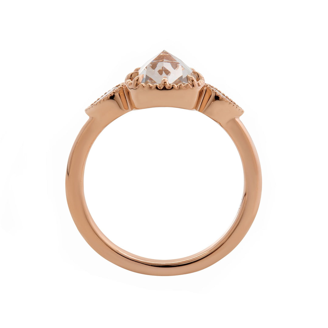 14K Rose Gold 1.5ct Cushion Rose Cut Lab Diamond Millegrain Bezel Three - stone Ring with Pear Shaped Side - stone Design - FIORESE JEWELRY