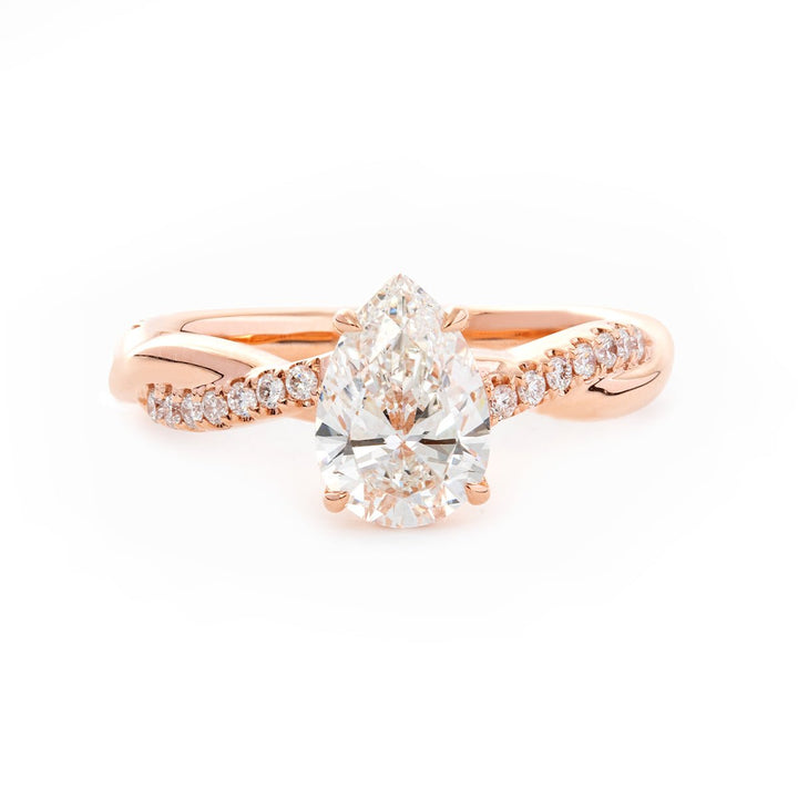 14K Rose Gold 1.5ct Pear Cut Lab Diamond Twist Pave Ring - FIORESE JEWELRY