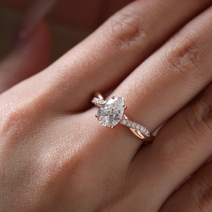 14K Rose Gold 1.5ct Pear Cut Lab Diamond Twist Pave Ring - FIORESE JEWELRY