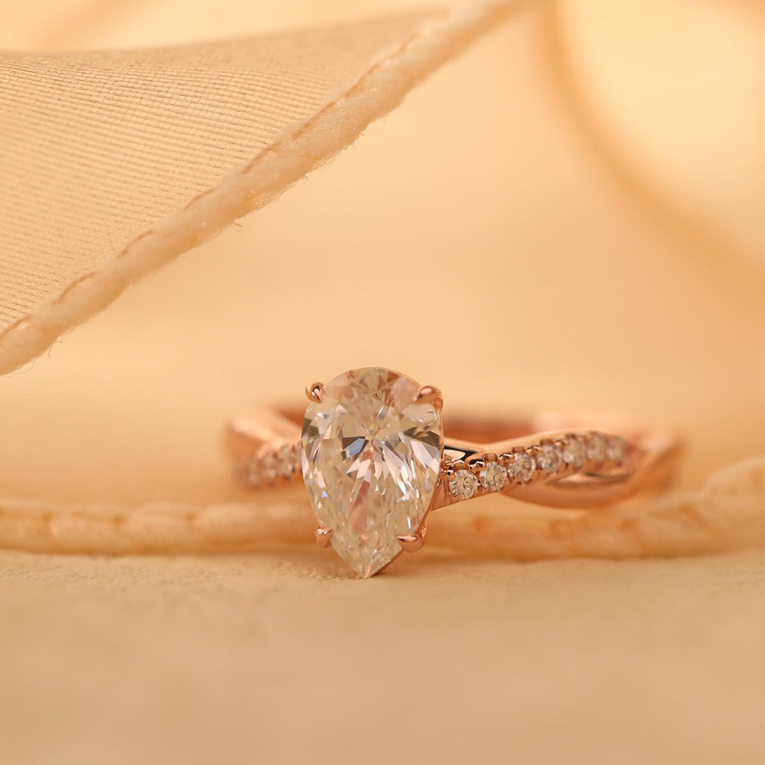 14K Rose Gold 1.5ct Pear Cut Lab Diamond Twist Pave Ring - FIORESE JEWELRY