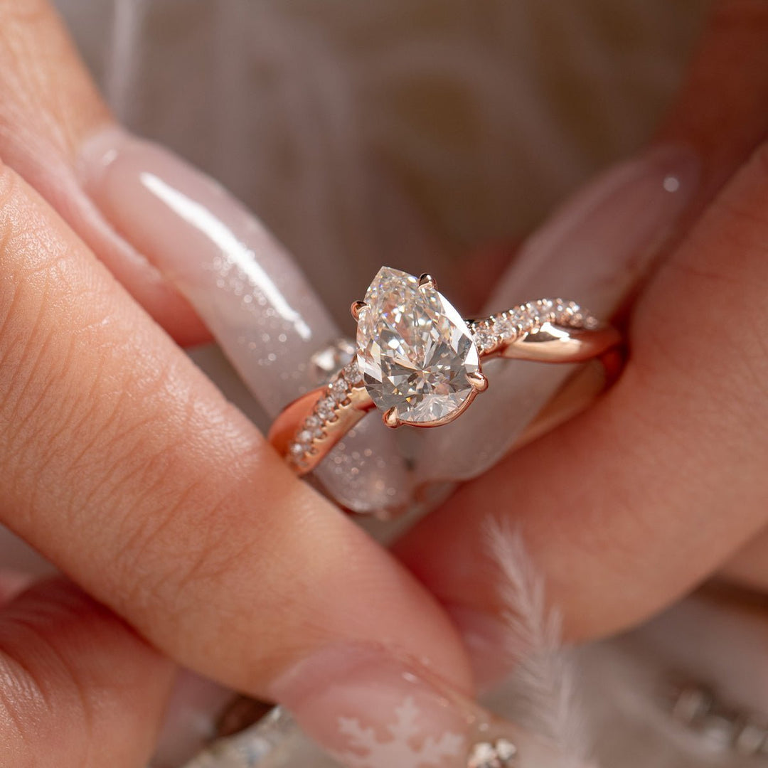 14K Rose Gold 1.5ct Pear Cut Lab Diamond Twist Pave Ring - FIORESE JEWELRY