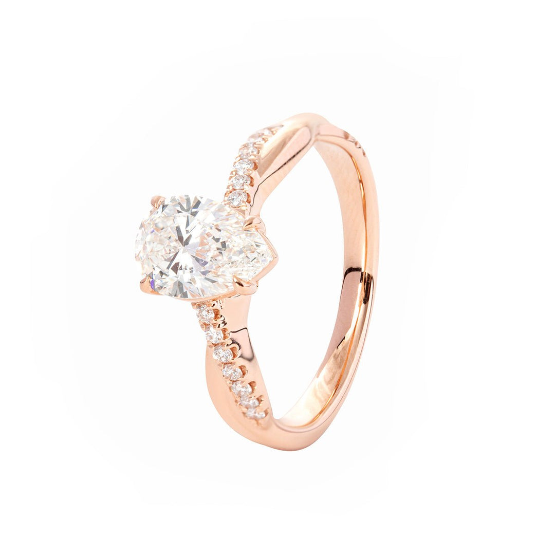 14K Rose Gold 1.5ct Pear Cut Lab Diamond Twist Pave Ring - FIORESE JEWELRY