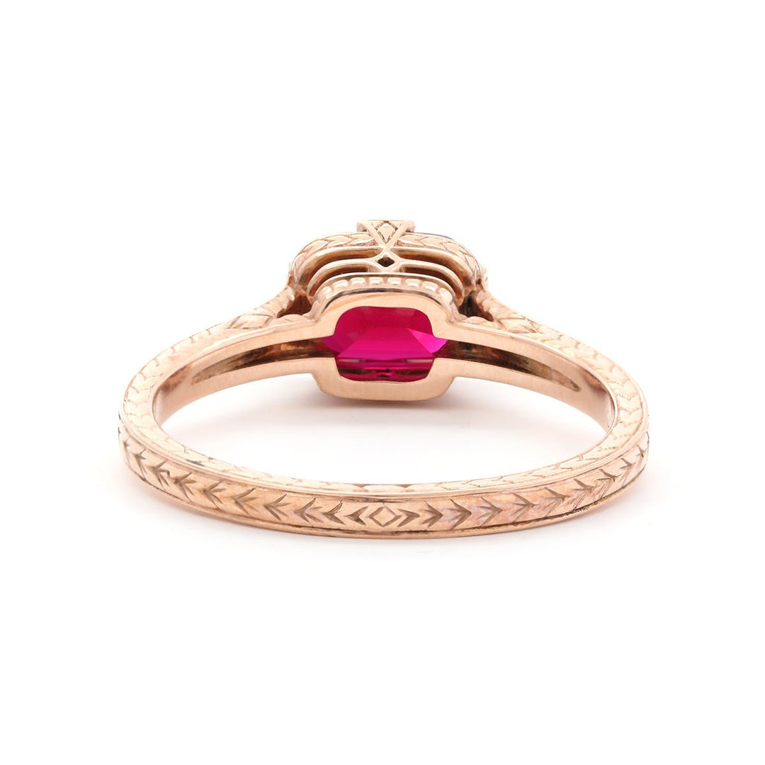 14K Rose Gold 1ct Elongated Cushion Pigeon Blood Lab Ruby Half Bezel Solitaire Ring - FIORESE JEWELRY