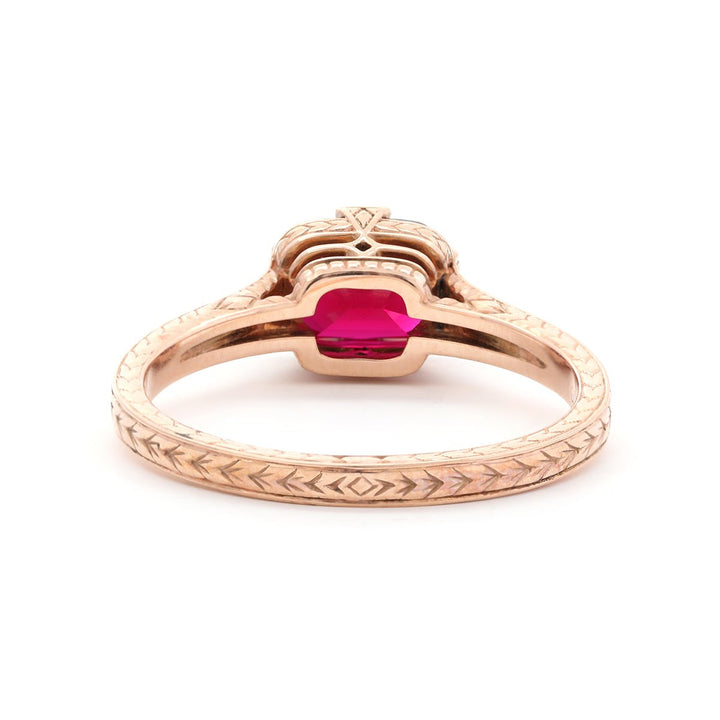 14K Rose Gold 1ct Elongated Cushion Pigeon Blood Lab Ruby Half Bezel Solitaire Ring - FIORESE JEWELRY