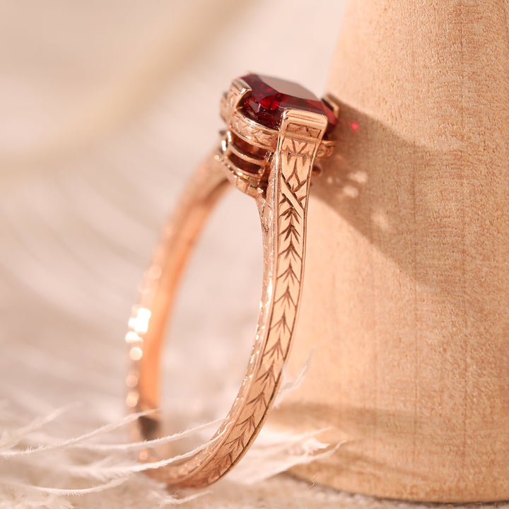 14K Rose Gold 1ct Elongated Cushion Pigeon Blood Lab Ruby Half Bezel Solitaire Ring - FIORESE JEWELRY