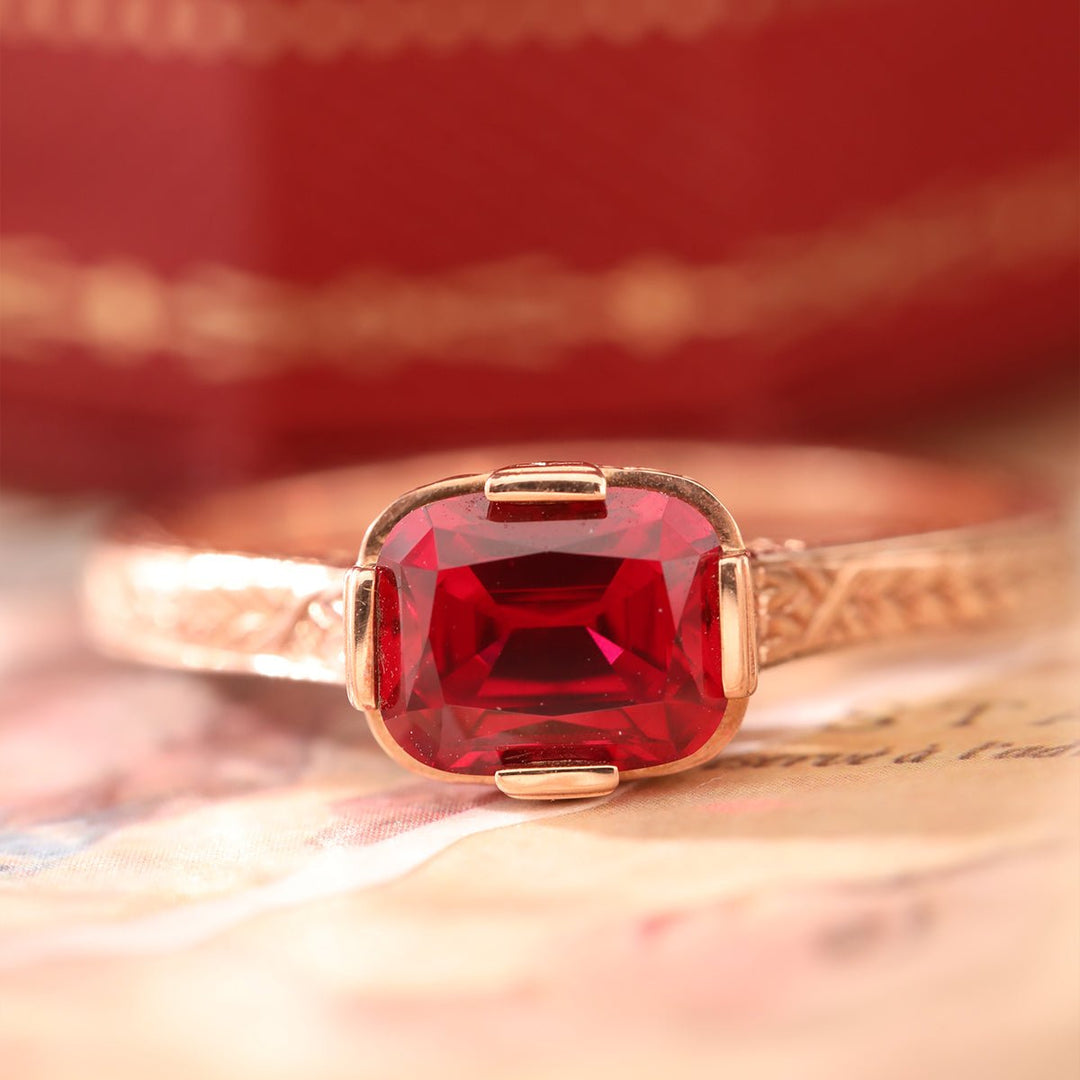 14K Rose Gold 1ct Elongated Cushion Pigeon Blood Lab Ruby Half Bezel Solitaire Ring - FIORESE JEWELRY