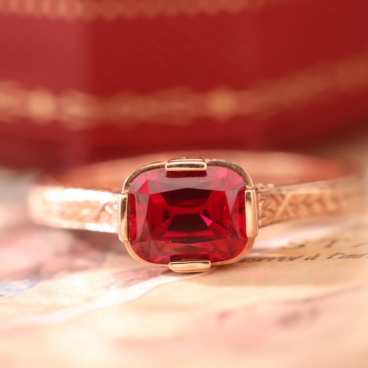 14K Rose Gold 1ct Elongated Cushion Pigeon Blood Lab Ruby Half Bezel Solitaire Ring - FIORESE JEWELRY