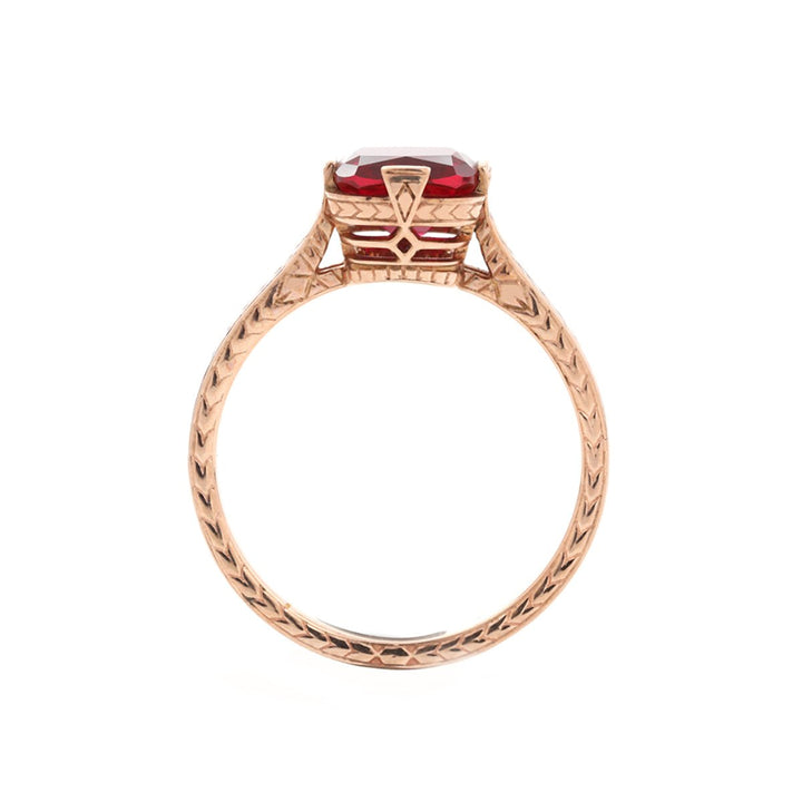 14K Rose Gold 1ct Elongated Cushion Pigeon Blood Lab Ruby Half Bezel Solitaire Ring - FIORESE JEWELRY