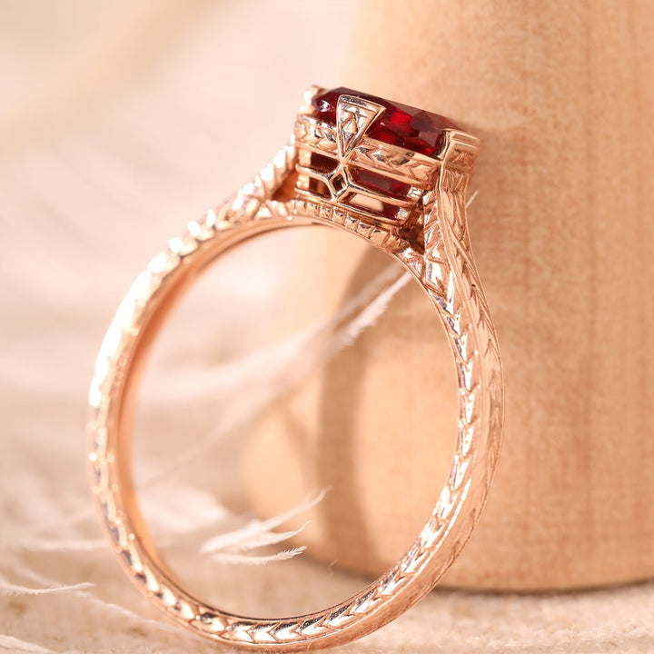 14K Rose Gold 1ct Elongated Cushion Pigeon Blood Lab Ruby Half Bezel Solitaire Ring - FIORESE JEWELRY