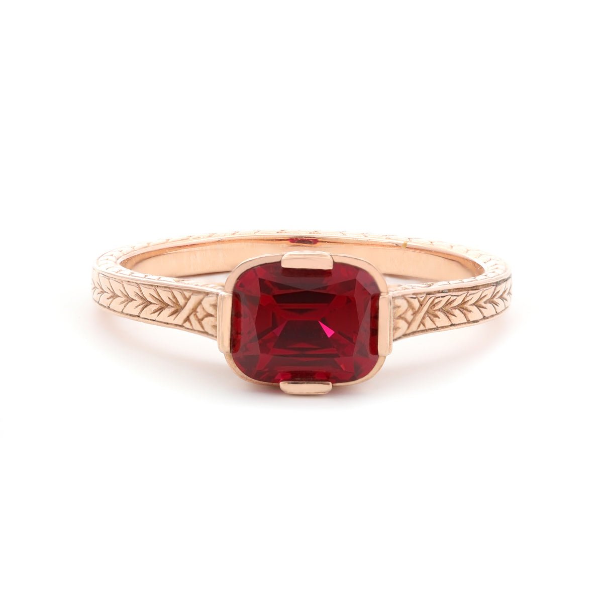 14K Rose Gold 1ct Elongated Cushion Pigeon Blood Lab Ruby Half Bezel Solitaire Ring - FIORESE JEWELRY