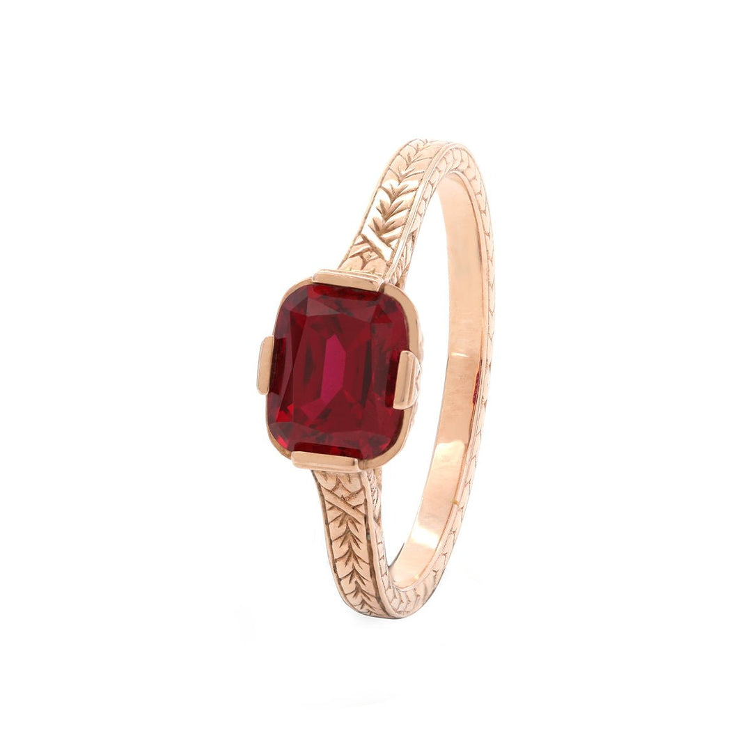 14K Rose Gold 1ct Elongated Cushion Pigeon Blood Lab Ruby Half Bezel Solitaire Ring - FIORESE JEWELRY