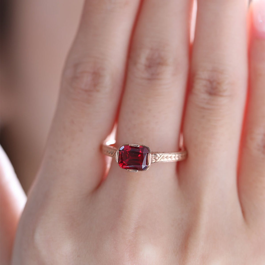 14K Rose Gold 1ct Elongated Cushion Pigeon Blood Lab Ruby Half Bezel Solitaire Ring - FIORESE JEWELRY