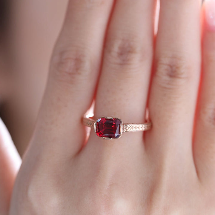 14K Rose Gold 1ct Elongated Cushion Pigeon Blood Lab Ruby Half Bezel Solitaire Ring - FIORESE JEWELRY