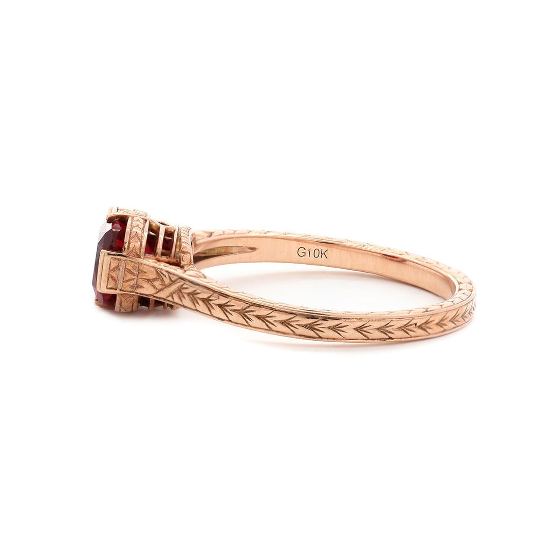 14K Rose Gold 1ct Elongated Cushion Pigeon Blood Lab Ruby Half Bezel Solitaire Ring - FIORESE JEWELRY