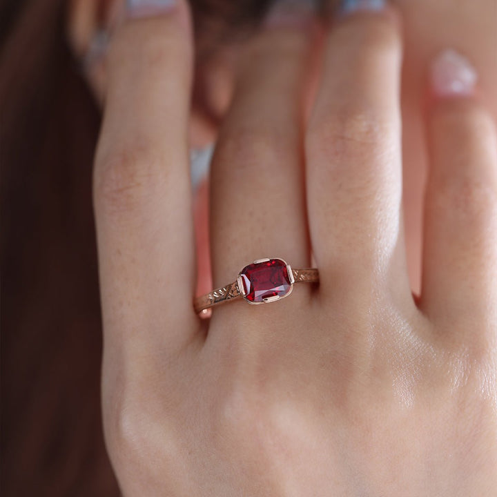 14K Rose Gold 1ct Elongated Cushion Pigeon Blood Lab Ruby Half Bezel Solitaire Ring - FIORESE JEWELRY
