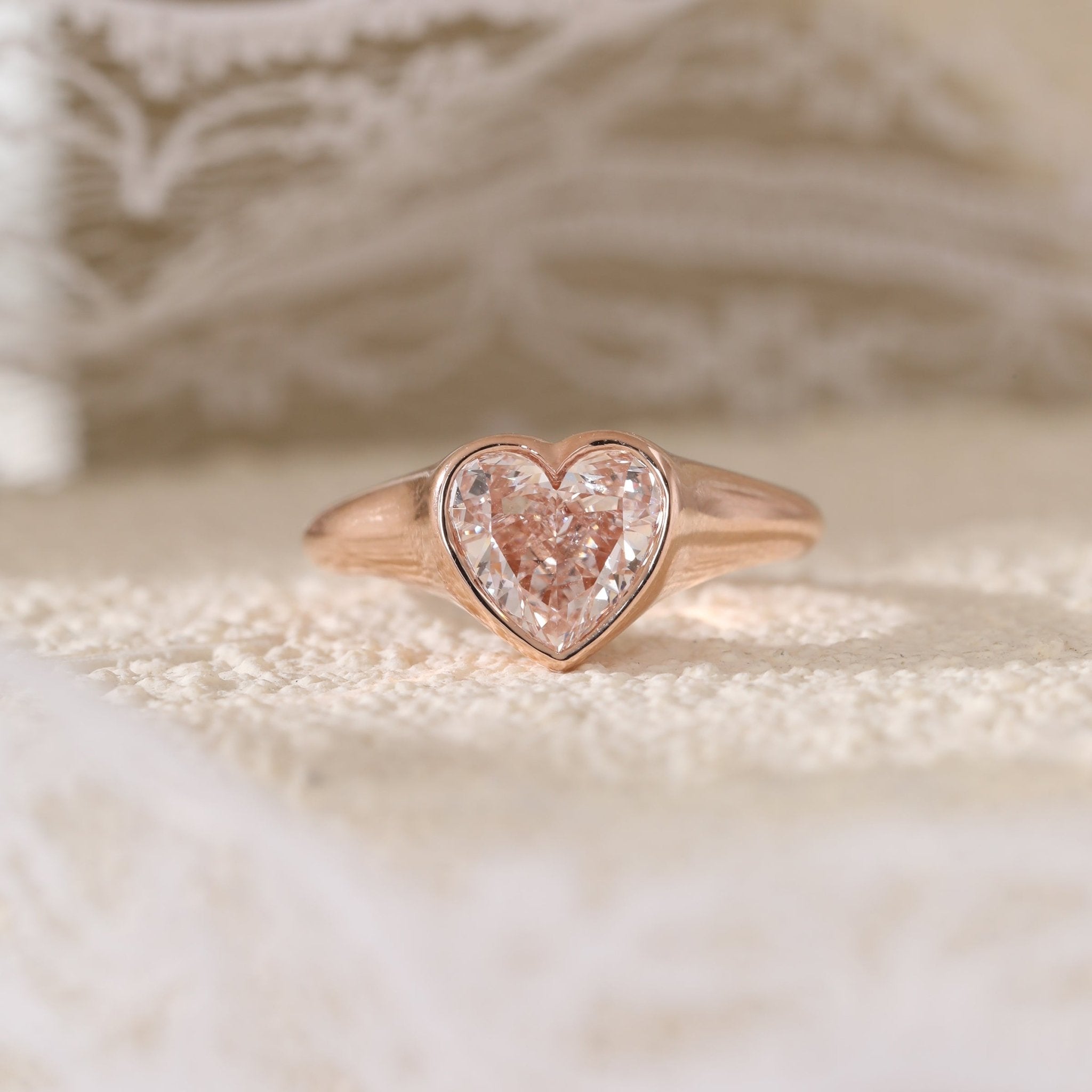 14K Rose Gold 1ct Heart Cut Pink Lab Diamond Bezel Solitaire Ring - FIORESE JEWELRY